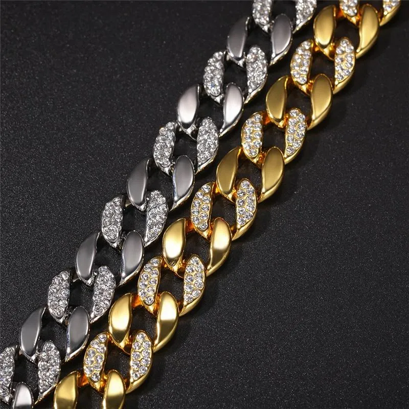 2 Color Iced Out Cuba Chain Rhinestone Hip Hop Men's Hipster Necklace