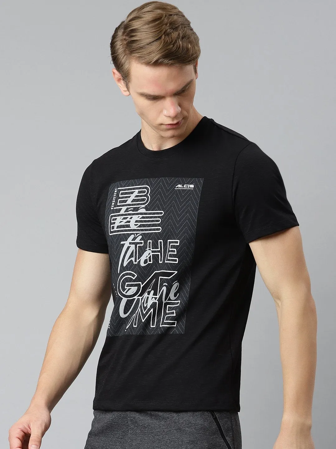 Alcis Men Black Typography Printed Slim Fit T-shirt