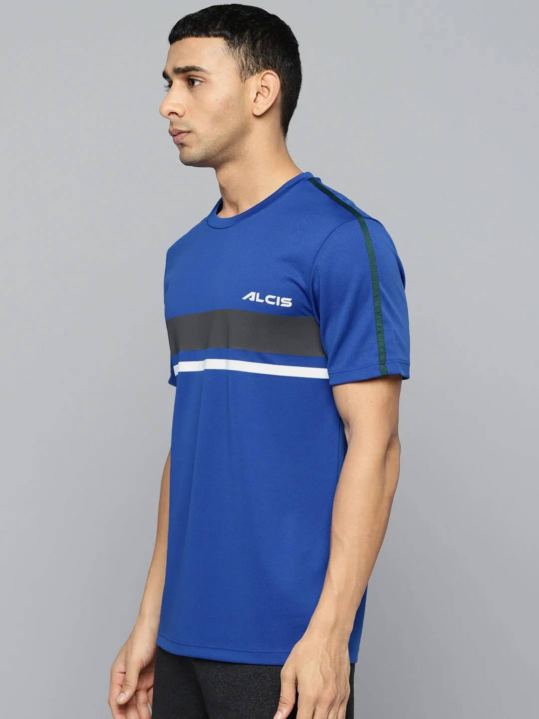 Alcis Men Blue Black Striped Detail Slim Fit T-shirt