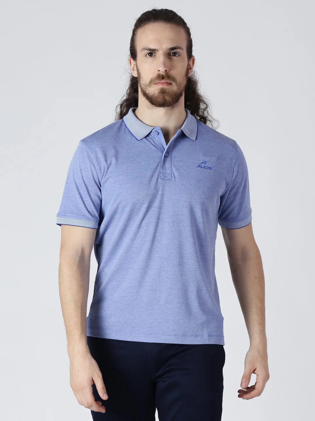 Alcis Men Blue Solid Polo Collar Slim Fit T-shirt