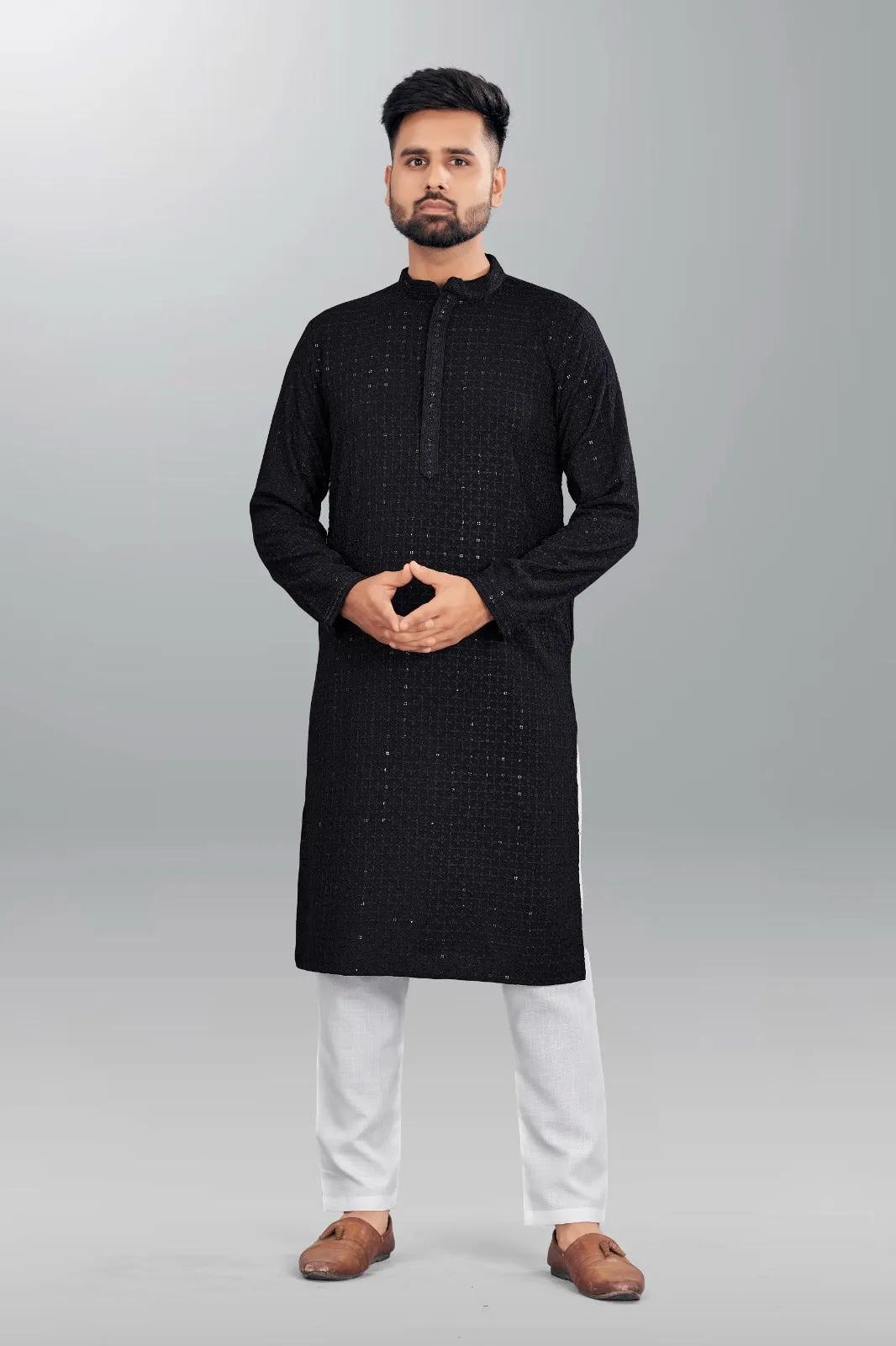 Beautiful Mens Chikankari Long Black Kurta