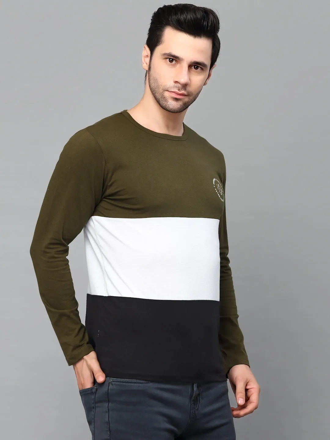 Black Color Block Round Neck  Full Sleeve T-Shirt