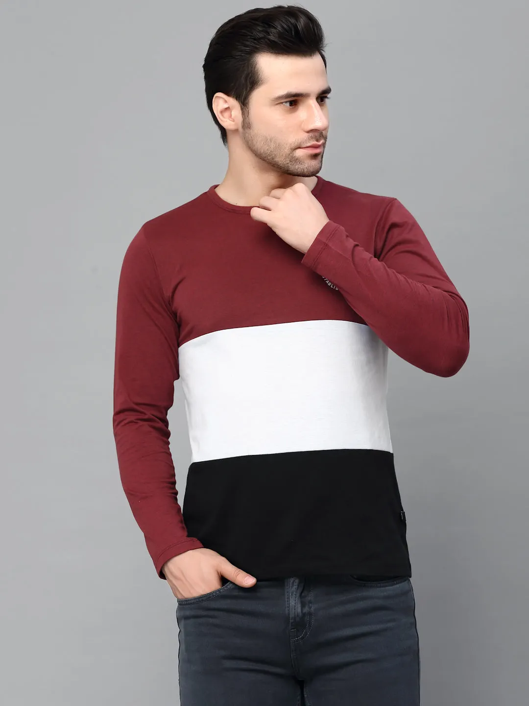 Black Color Block Round Neck  Full Sleeve T-Shirt