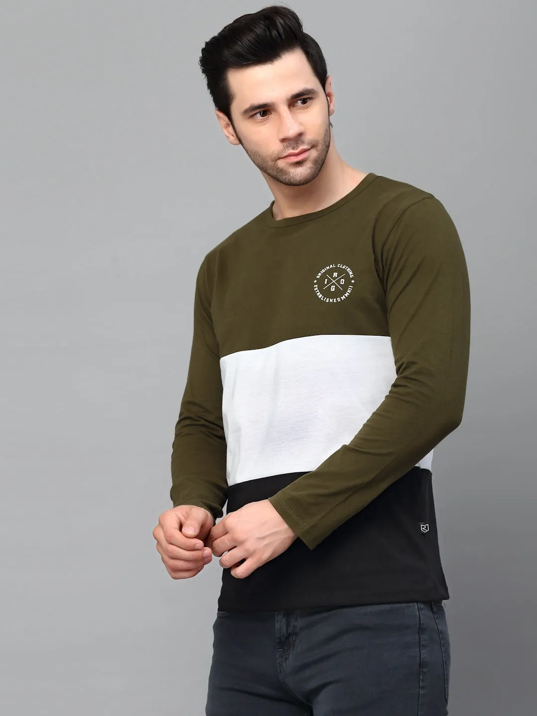 Black Color Block Round Neck  Full Sleeve T-Shirt