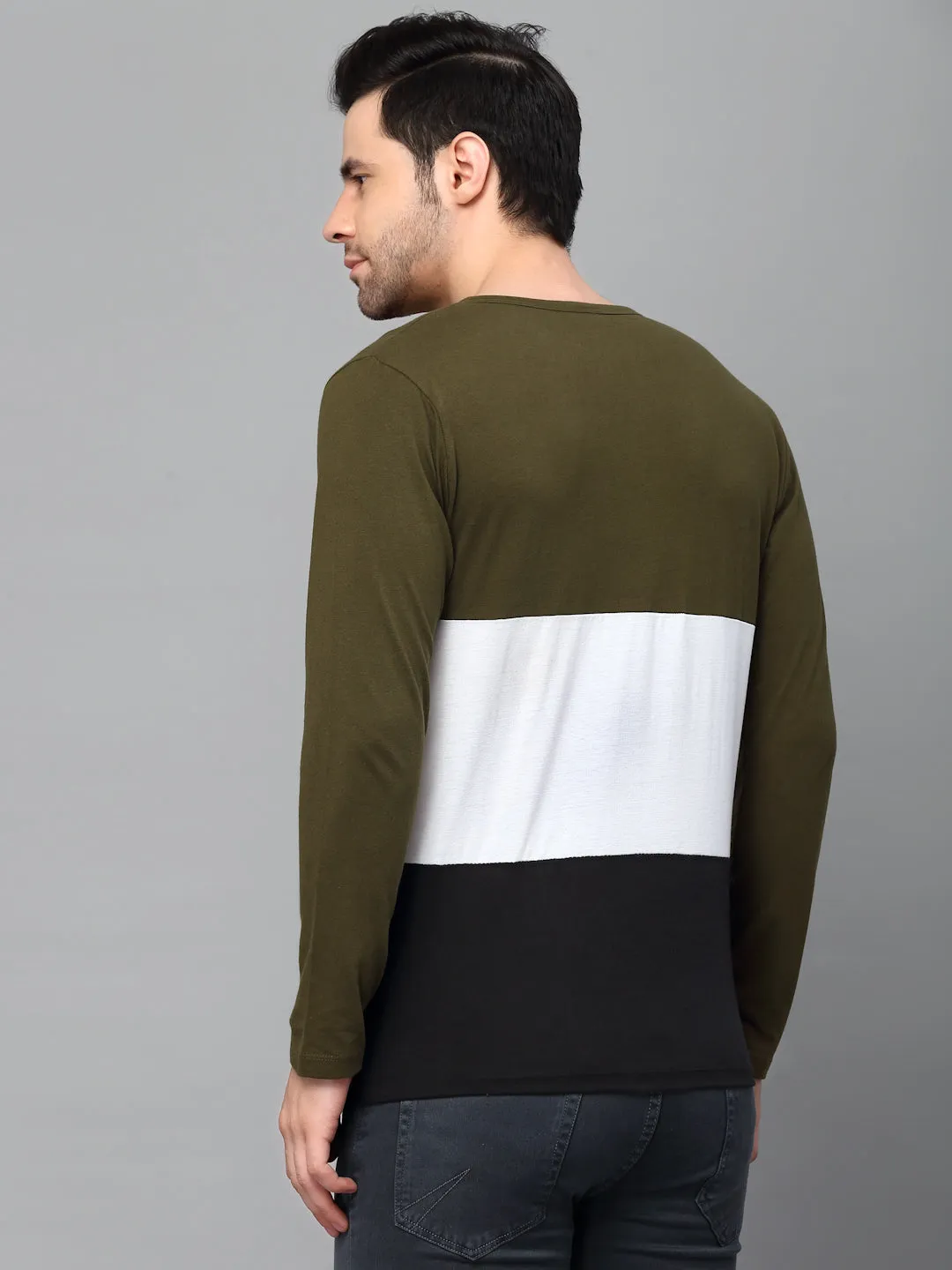 Black Color Block Round Neck  Full Sleeve T-Shirt