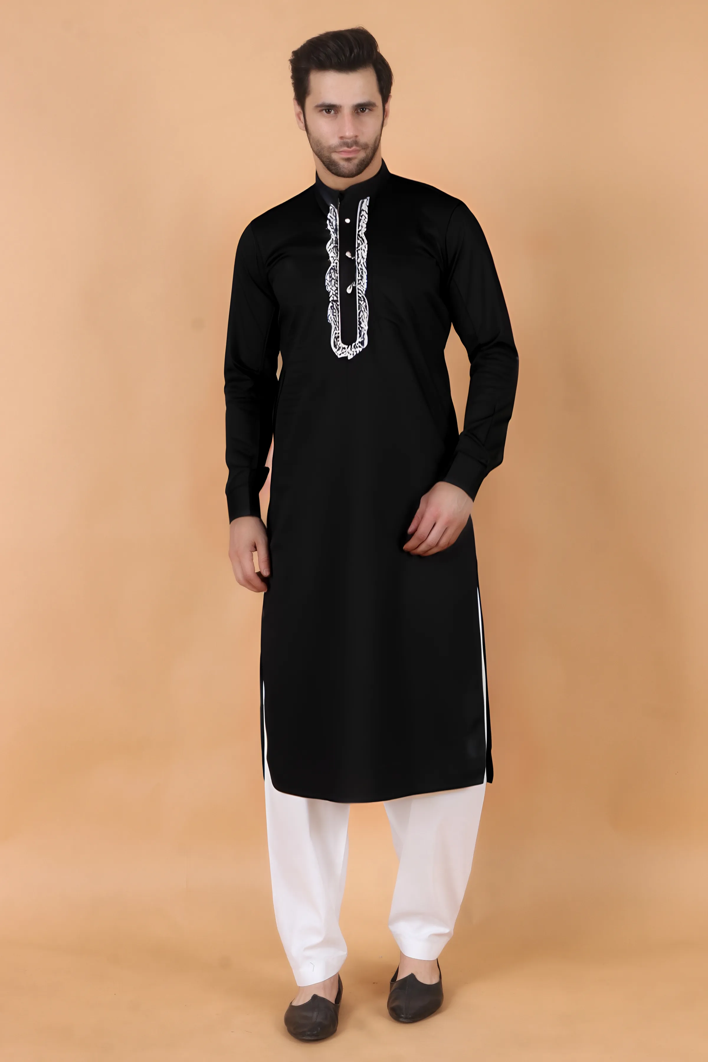 Black Embroidered Cotton Kurta