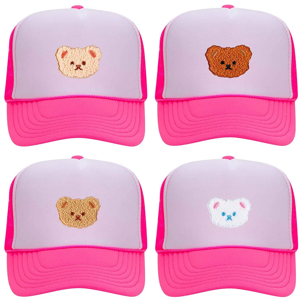 Cartoon Bear Embroidered Patch Neon 5 Panel High Crown Foam Mesh Back Trucker Hat - For Men and Women