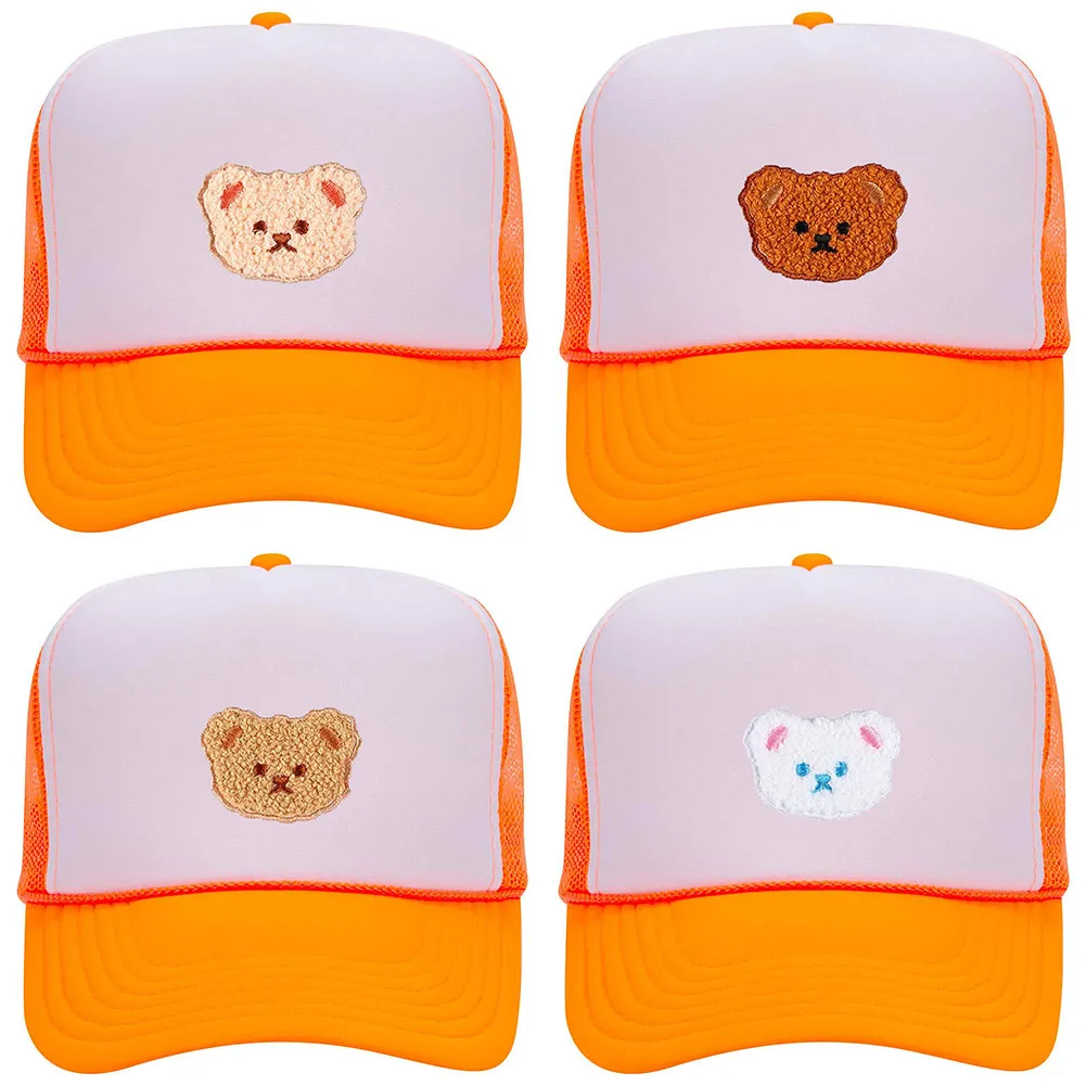 Cartoon Bear Embroidered Patch Neon 5 Panel High Crown Foam Mesh Back Trucker Hat - For Men and Women