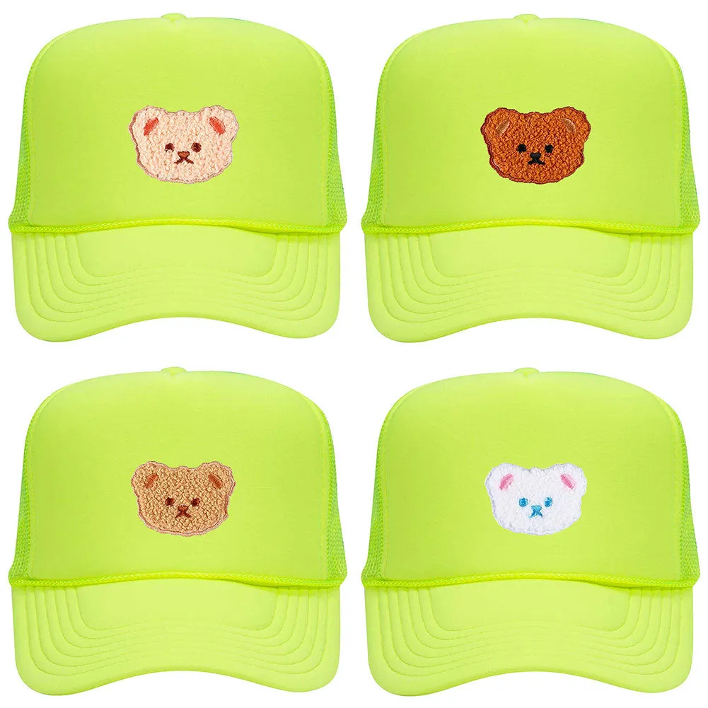 Cartoon Bear Embroidered Patch Neon 5 Panel High Crown Foam Mesh Back Trucker Hat - For Men and Women