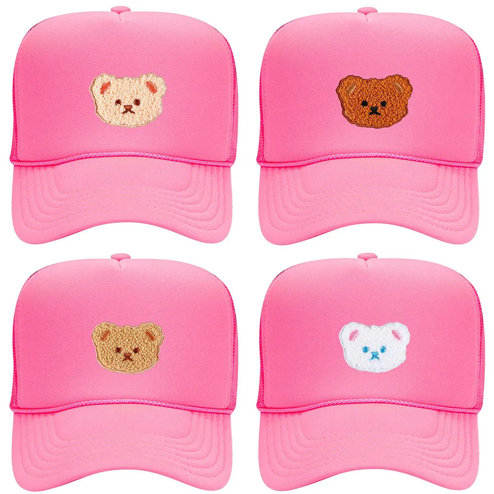 Cartoon Bear Embroidered Patch Neon 5 Panel High Crown Foam Mesh Back Trucker Hat - For Men and Women