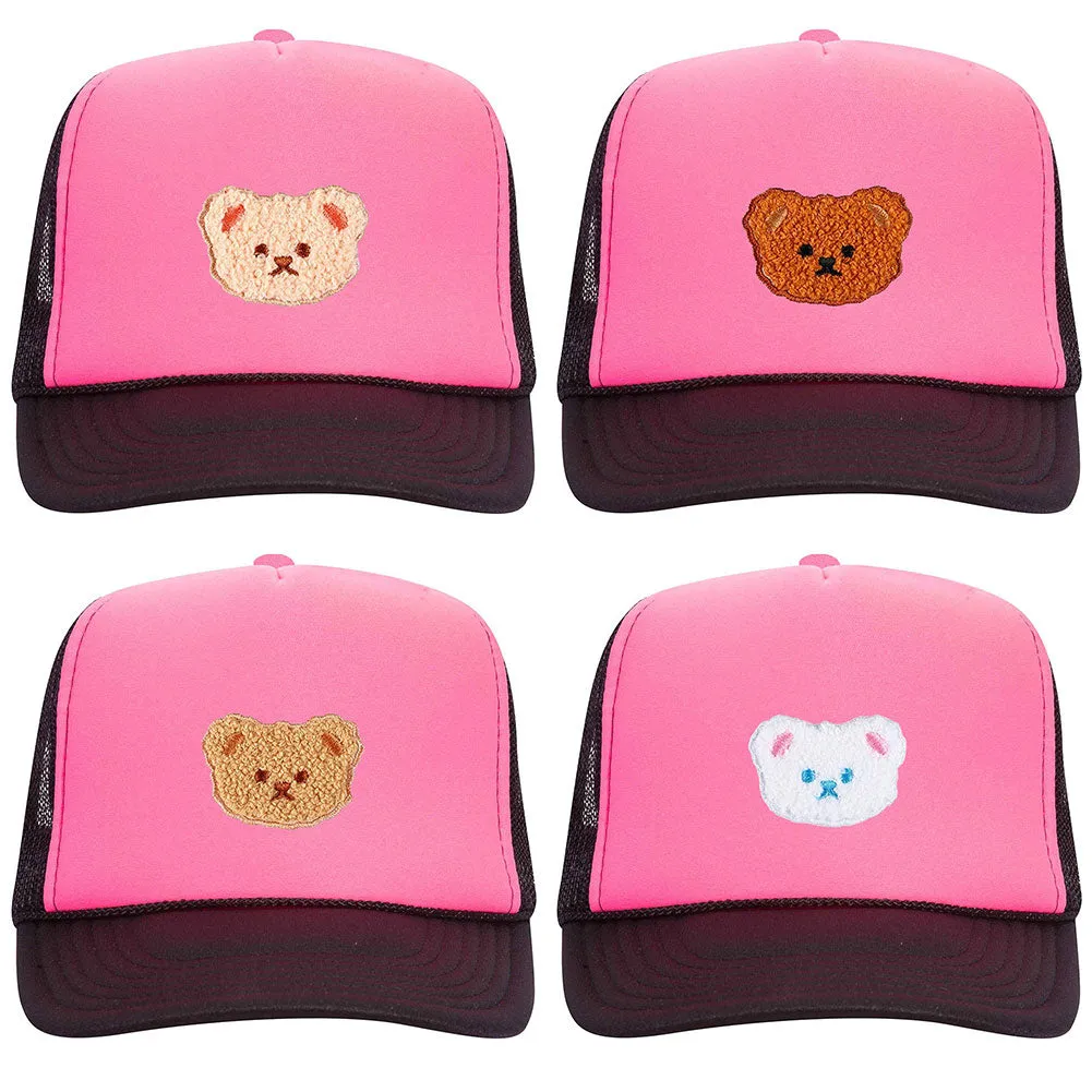 Cartoon Bear Embroidered Patch Neon 5 Panel High Crown Foam Mesh Back Trucker Hat - For Men and Women