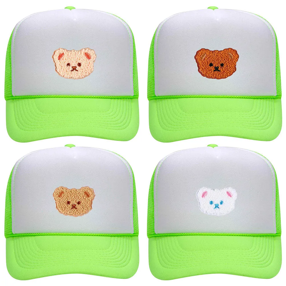 Cartoon Bear Embroidered Patch Neon 5 Panel High Crown Foam Mesh Back Trucker Hat - For Men and Women