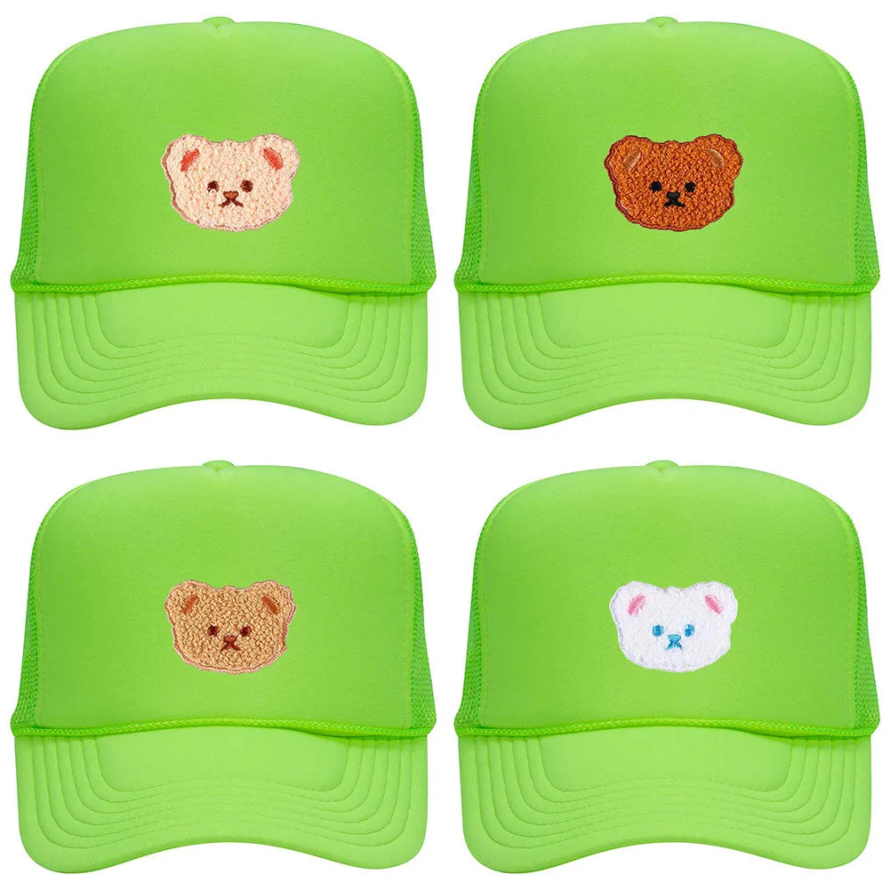 Cartoon Bear Embroidered Patch Neon 5 Panel High Crown Foam Mesh Back Trucker Hat - For Men and Women