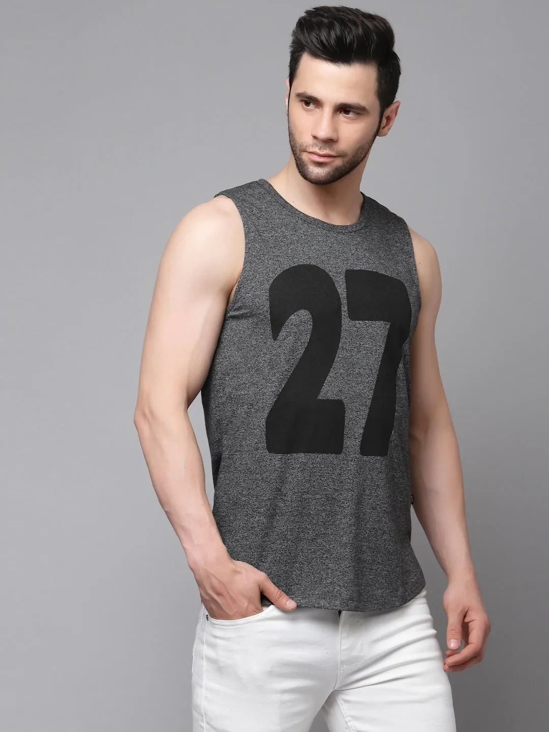 Charcoal Numerical Print Cotton Sleeveless T-Shirt Vest