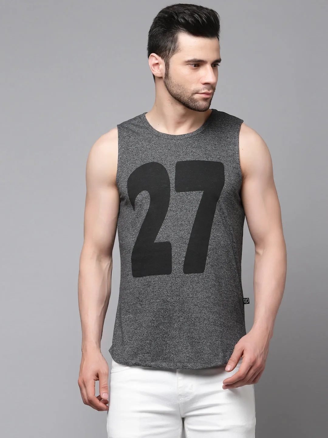 Charcoal Numerical Print Cotton Sleeveless T-Shirt Vest