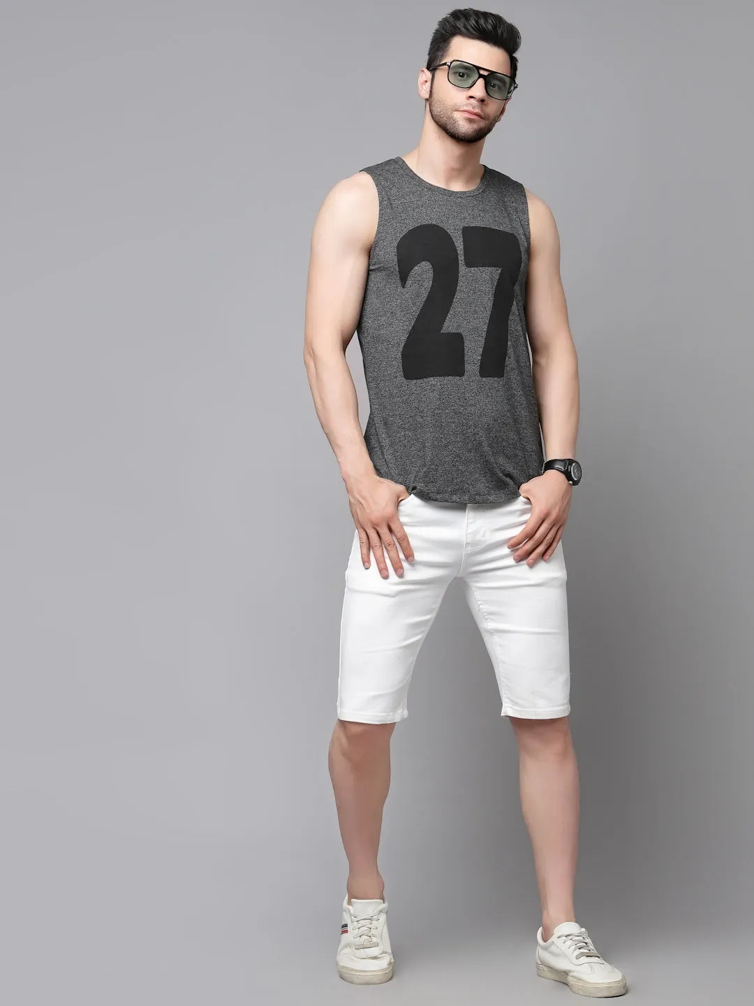 Charcoal Numerical Print Cotton Sleeveless T-Shirt Vest