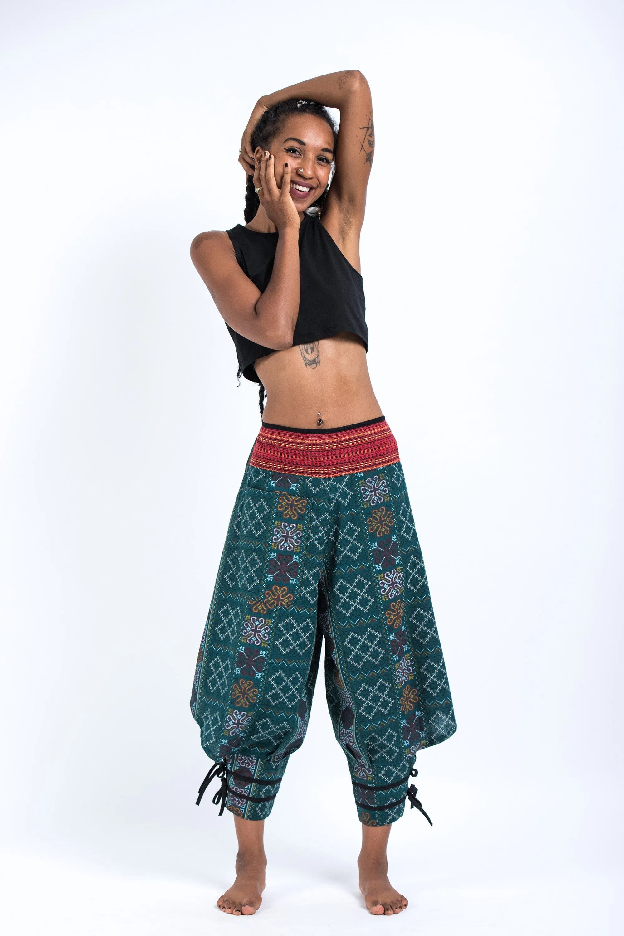 Clovers Thai Hill Tribe Fabric Women's Harem Pants with Ankle Straps in Green