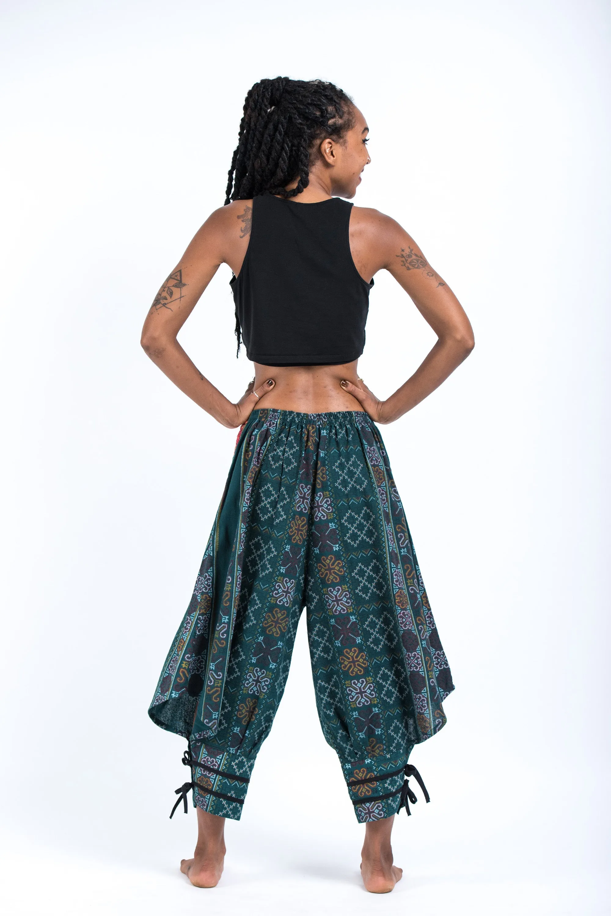 Clovers Thai Hill Tribe Fabric Women's Harem Pants with Ankle Straps in Green