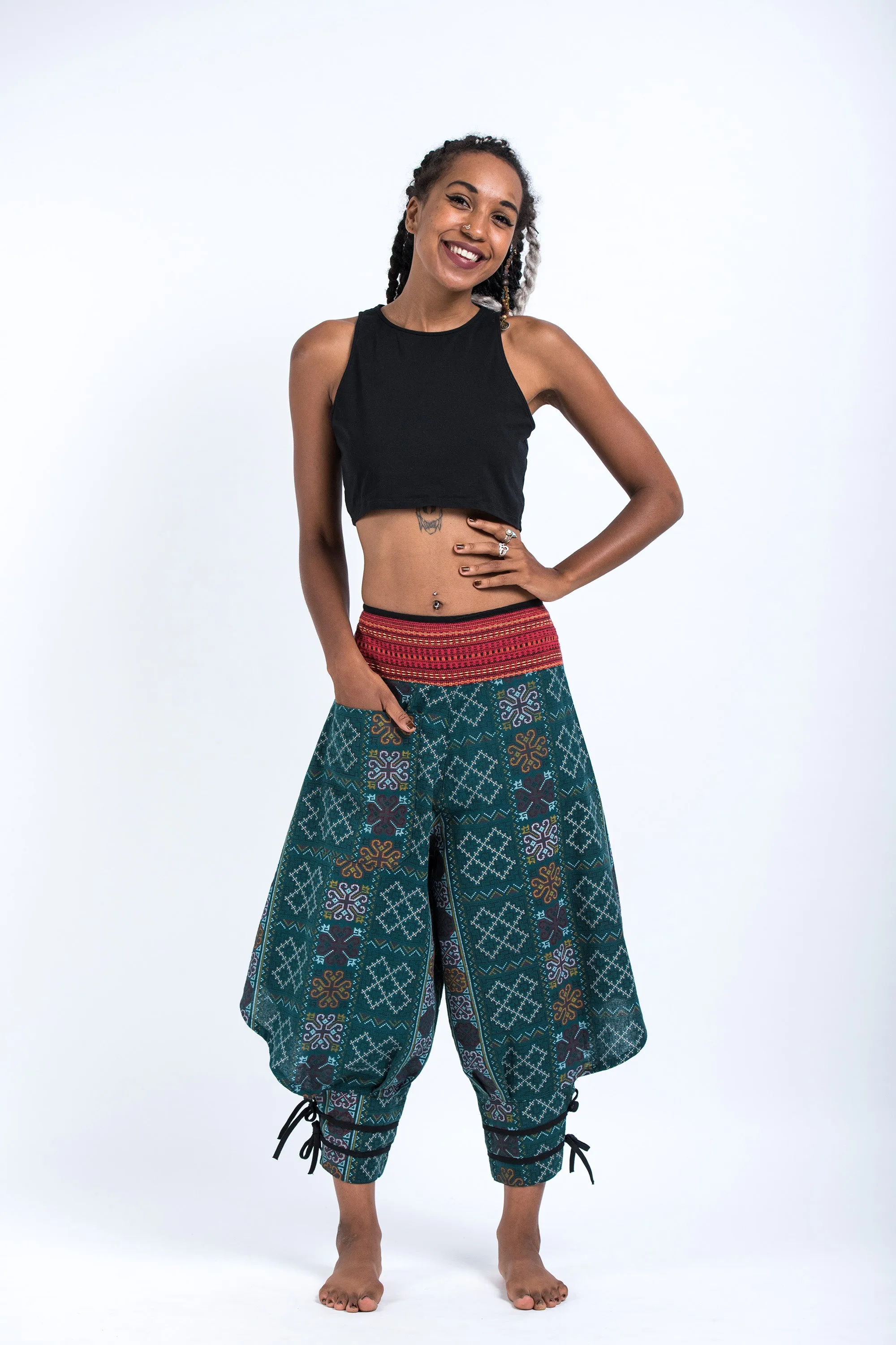 Clovers Thai Hill Tribe Fabric Women's Harem Pants with Ankle Straps in Green