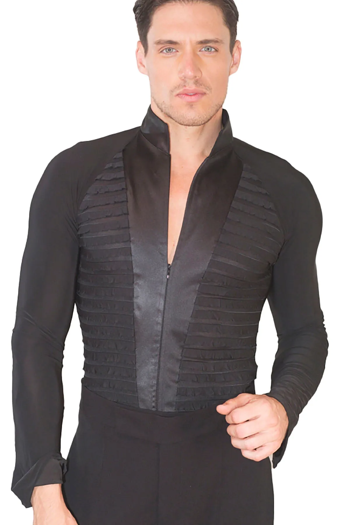 Dance America MS28 Men's High Collared Tux Front Ruffle Latin Shirt with Trunks and Zipper Closure in Stock