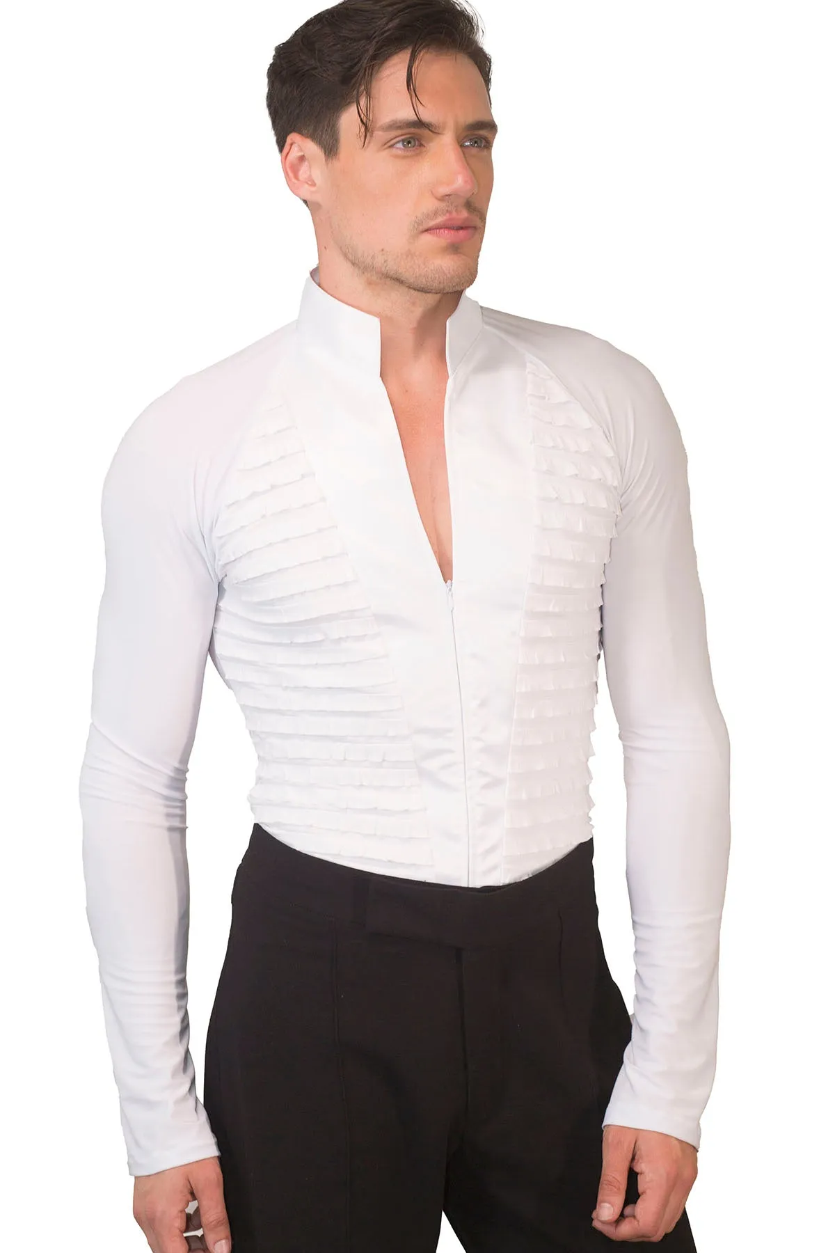 Dance America MS28 Men's High Collared Tux Front Ruffle Latin Shirt with Trunks and Zipper Closure in Stock