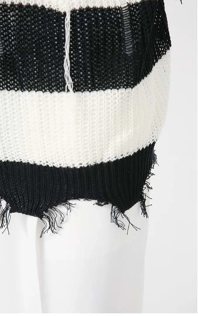 Distressed Tassel Stripe Knit Sweater