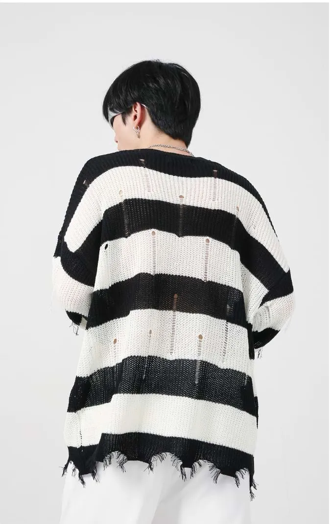 Distressed Tassel Stripe Knit Sweater