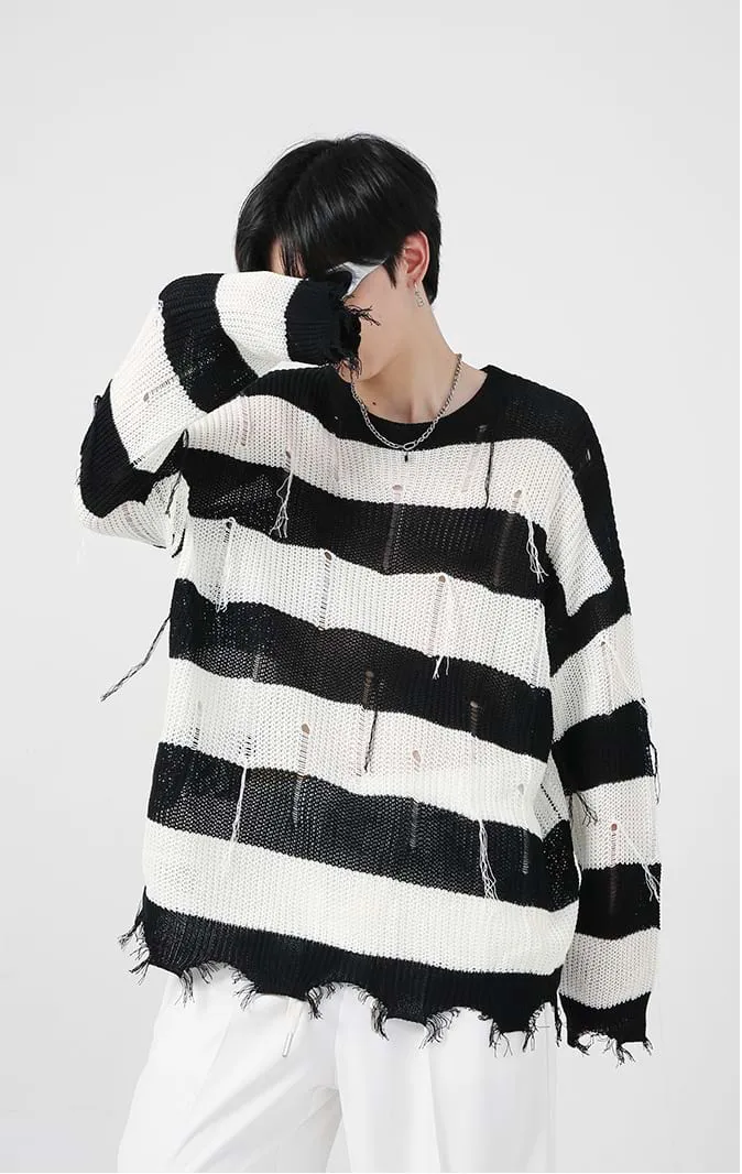 Distressed Tassel Stripe Knit Sweater