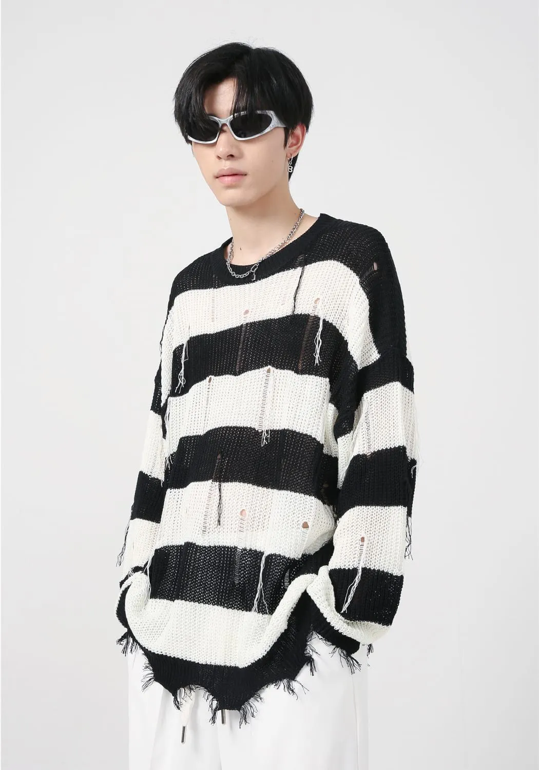 Distressed Tassel Stripe Knit Sweater