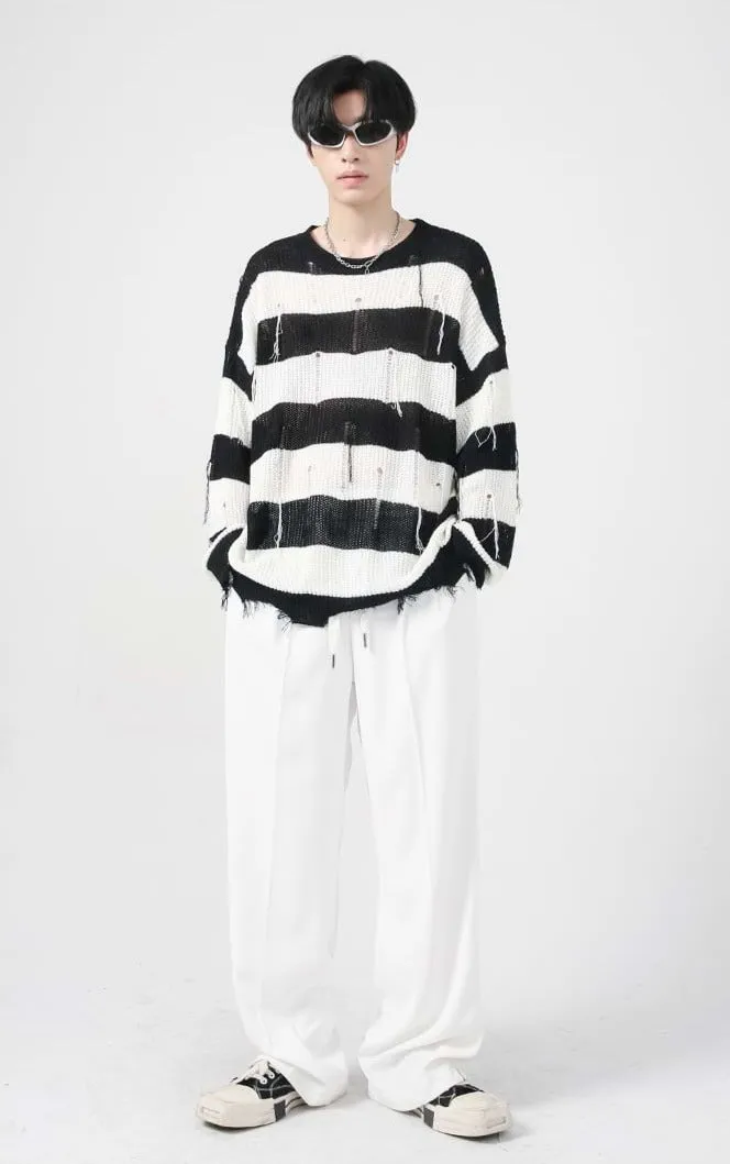 Distressed Tassel Stripe Knit Sweater