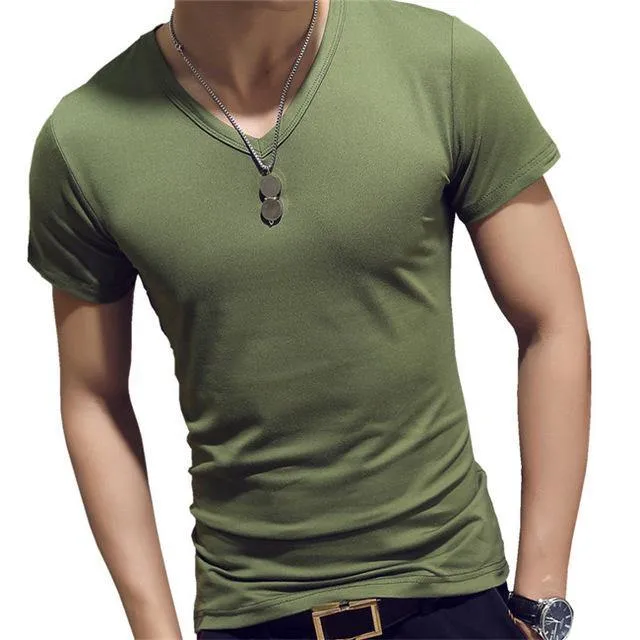 Elastic V Neck Men T Shirt Mens Fashion Short Sleeve Tshirt Fitness Casual Male T-shirt 2018 Brand Clothing Tee Tops 5XL 8J0129