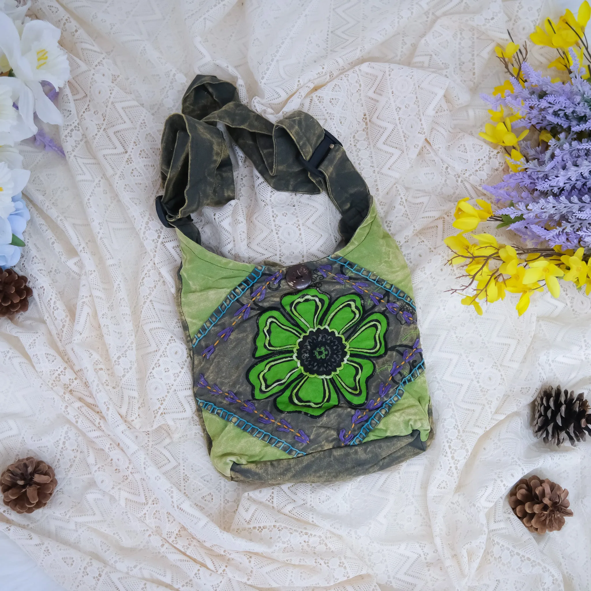 Hand Embroidered Flower Satchel Bag