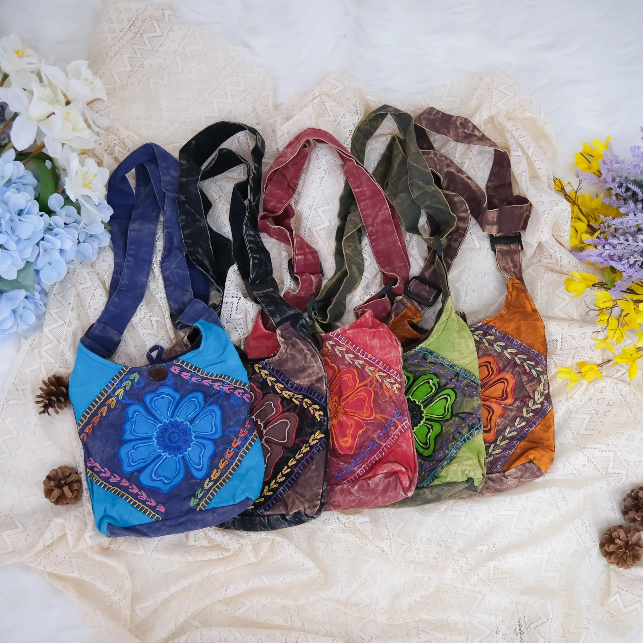 Hand Embroidered Flower Satchel Bag