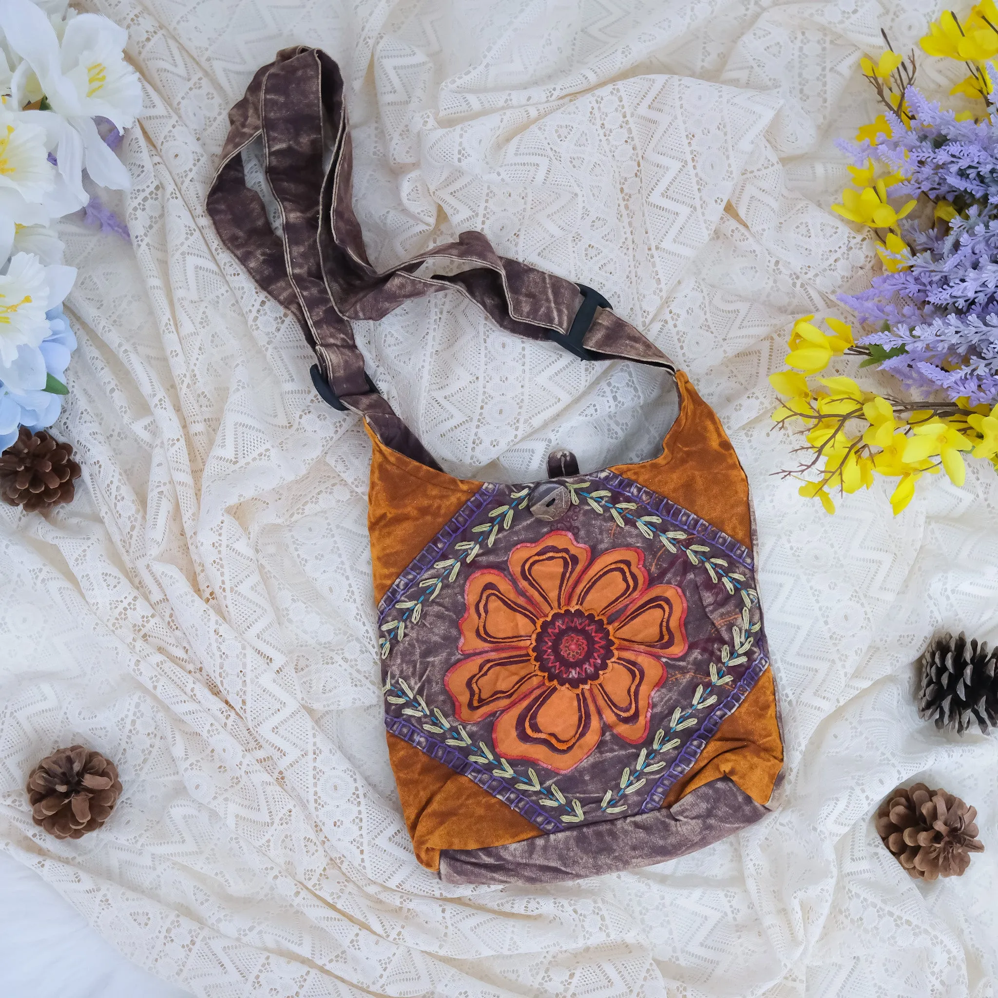 Hand Embroidered Flower Satchel Bag