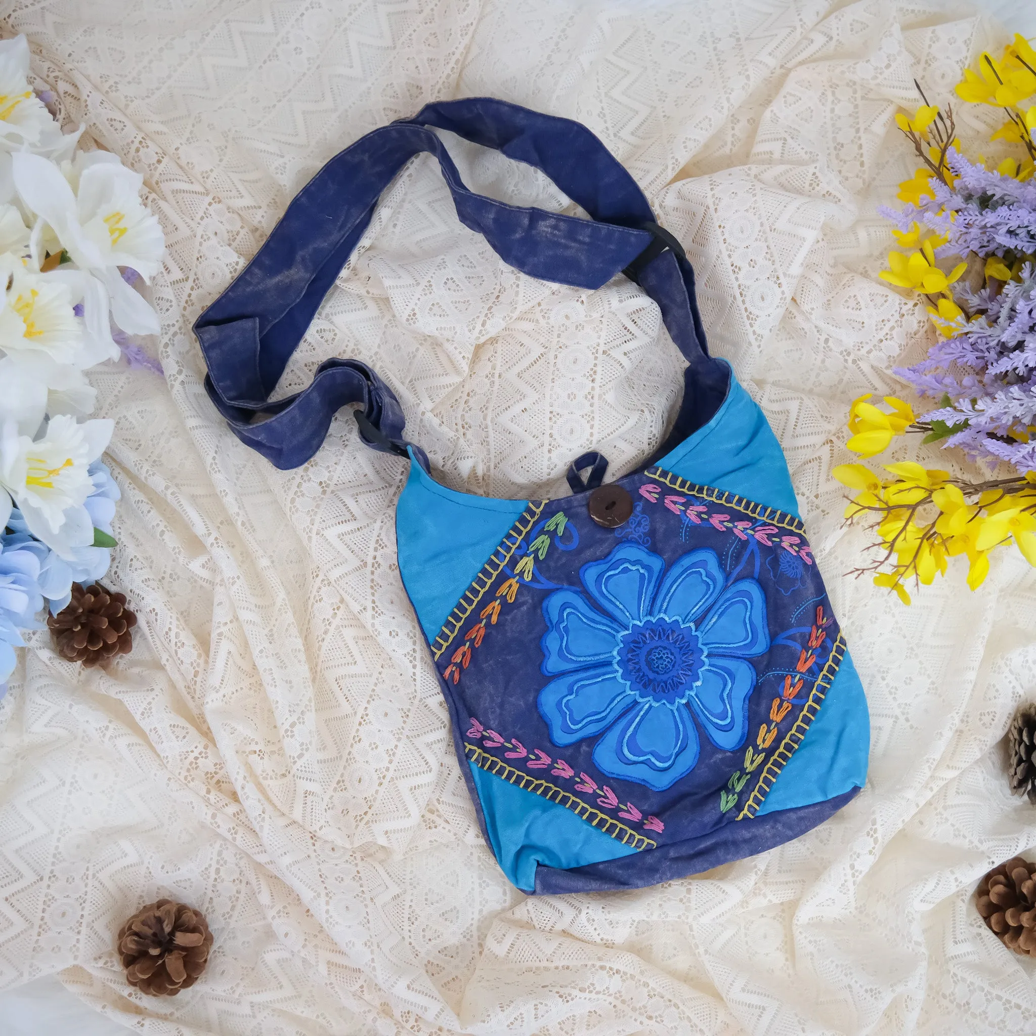 Hand Embroidered Flower Satchel Bag