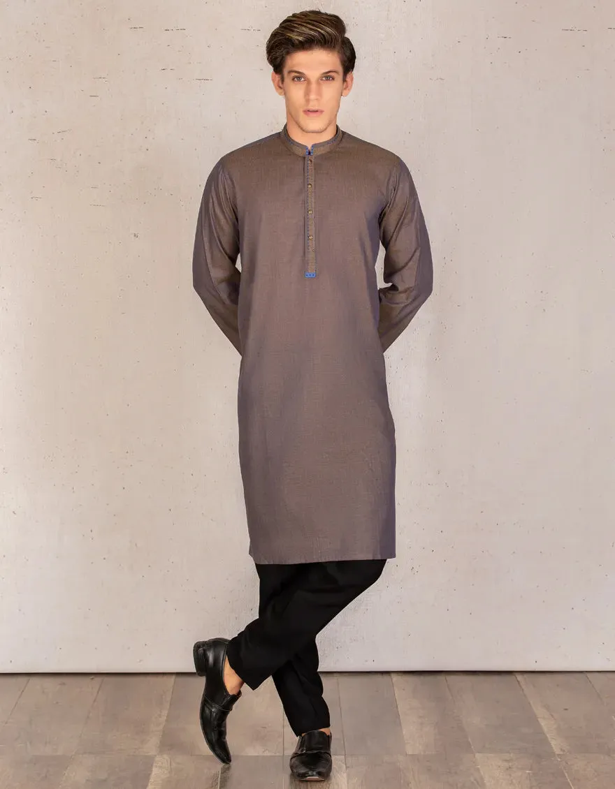 J. Mens Brown Jacquard Casual 2-Piece Kurta   Trouser