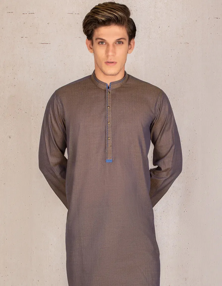 J. Mens Brown Jacquard Casual 2-Piece Kurta   Trouser