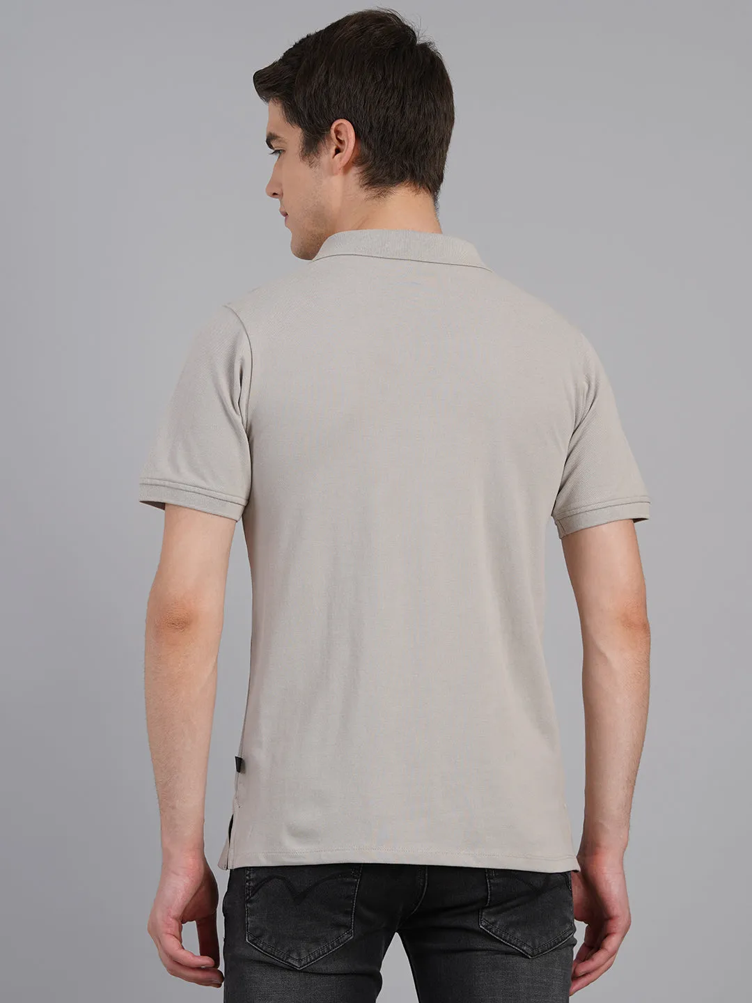 Light Grey Printed Polo Neck Half Sleeve T-Shirt