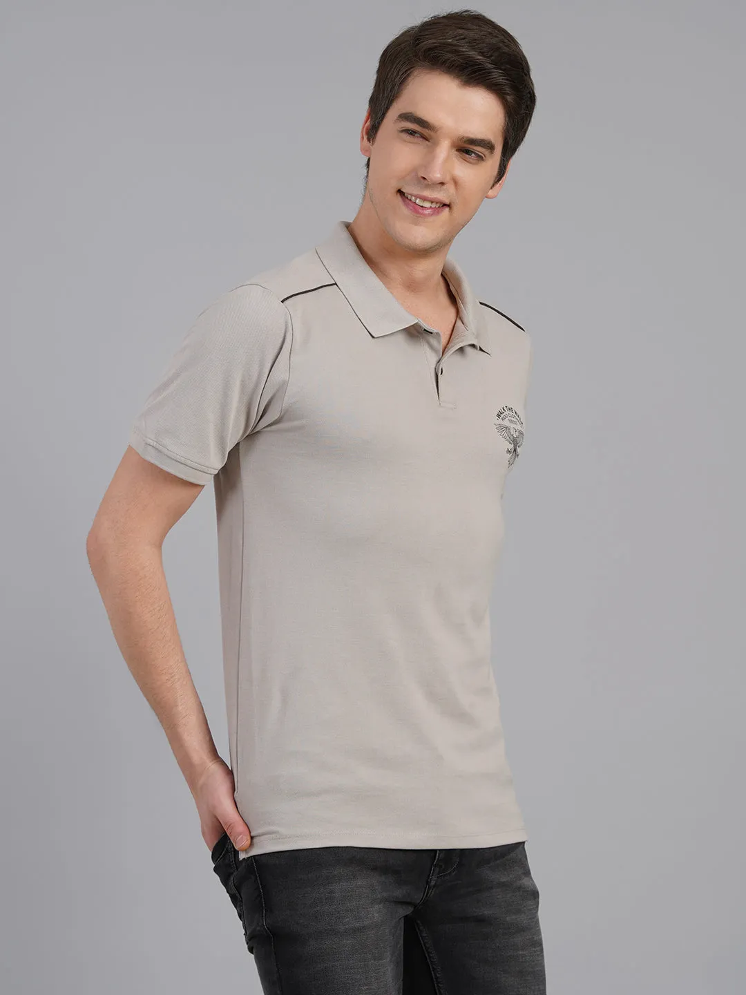 Light Grey Printed Polo Neck Half Sleeve T-Shirt