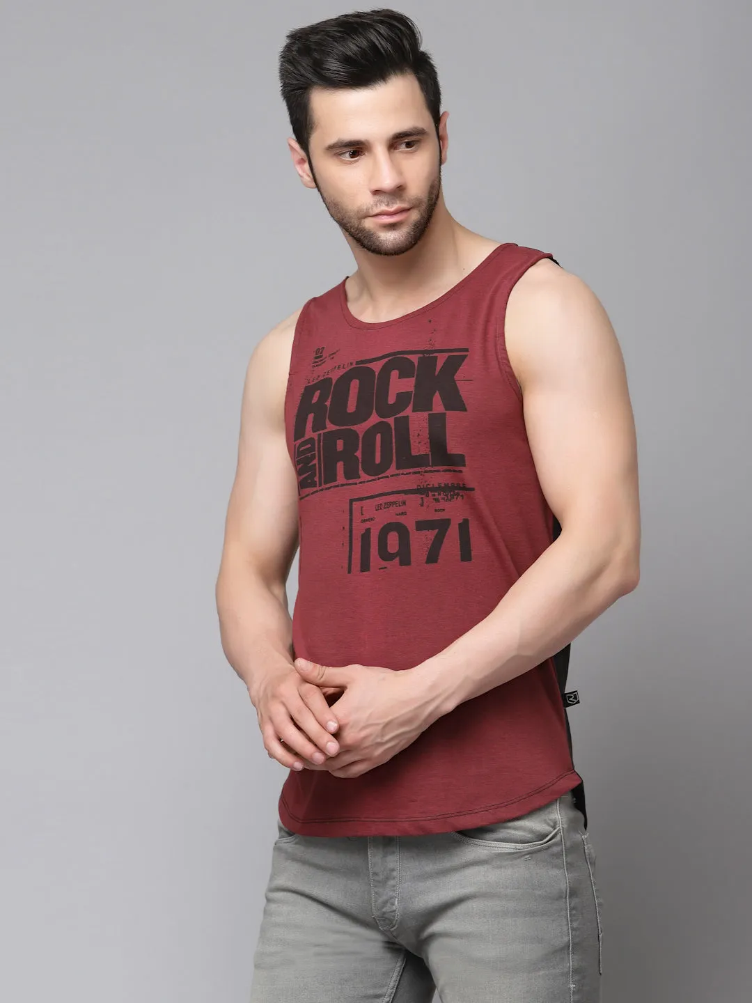 Maroon Black Placement Print Cotton Sleeveless T-Shirt Vest with Curved Bottom