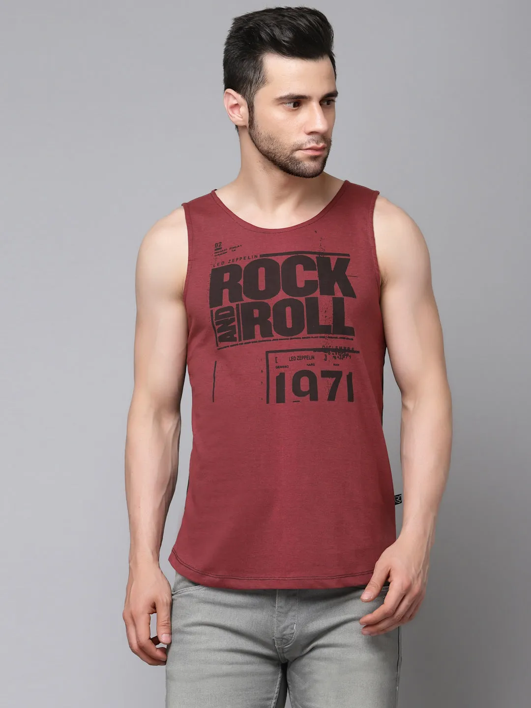 Maroon Black Placement Print Cotton Sleeveless T-Shirt Vest with Curved Bottom