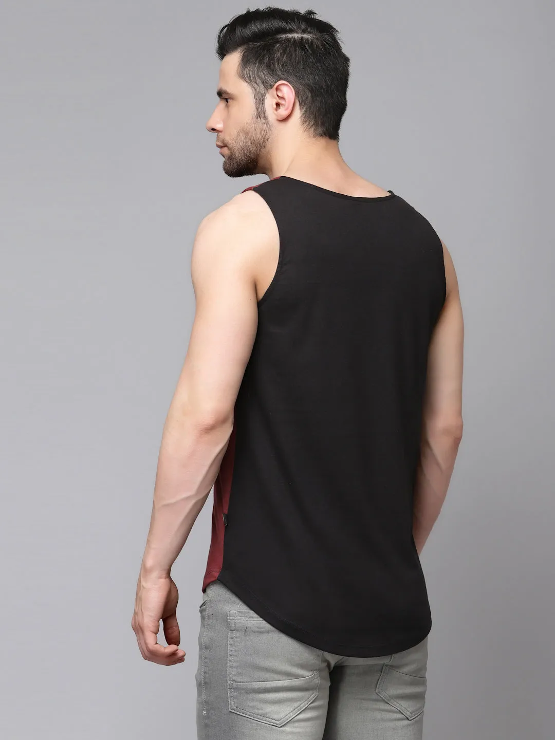 Maroon Black Placement Print Cotton Sleeveless T-Shirt Vest with Curved Bottom