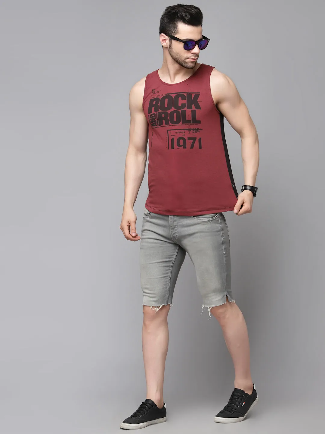 Maroon Black Placement Print Cotton Sleeveless T-Shirt Vest with Curved Bottom