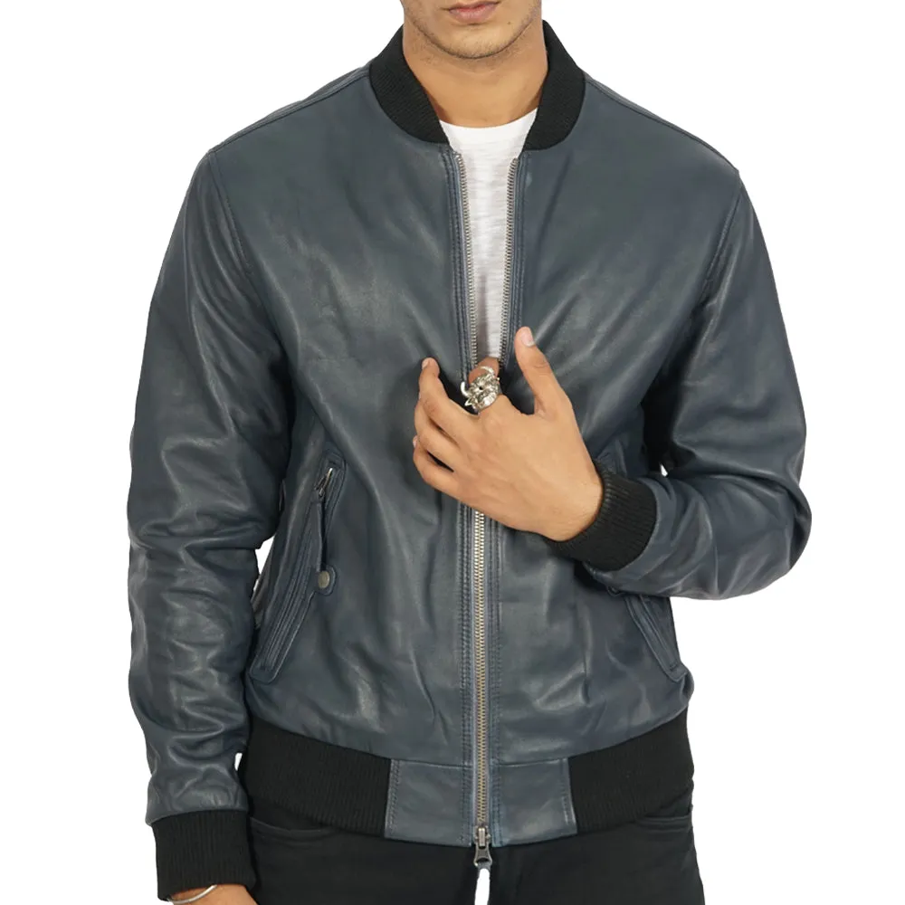 Masako Blue Leather Bomber Jacket