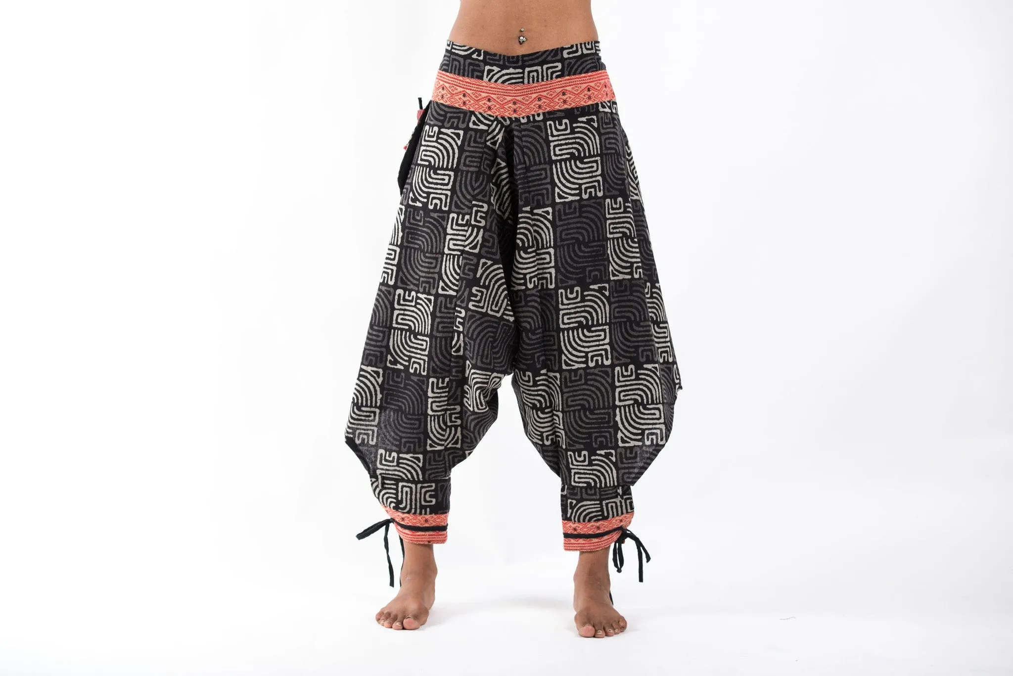 Maze Low Cut Thai Hill Tribe Fabric Women's Harem Pants with Ankle Straps in Black