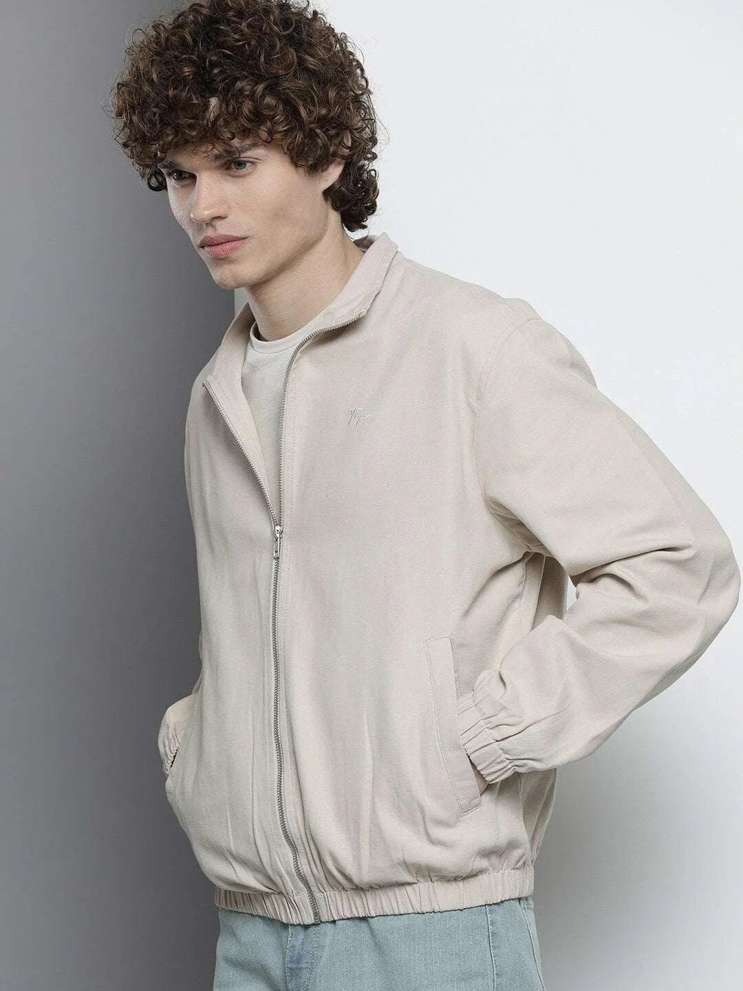 Men Beige Solid Casual Jacket