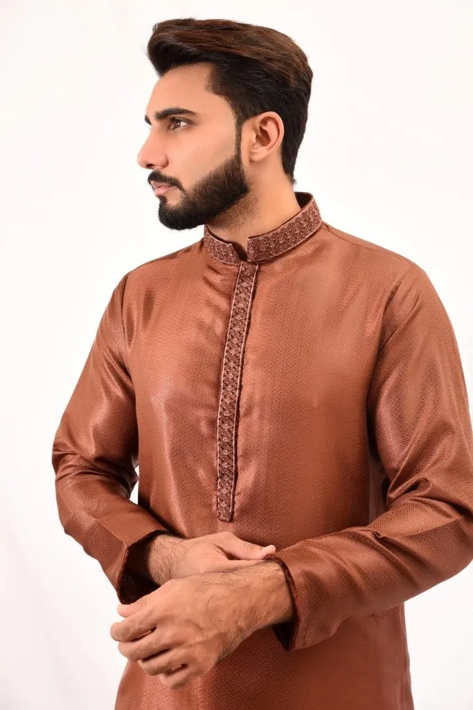 Men Embroidery Design Kurta Brown