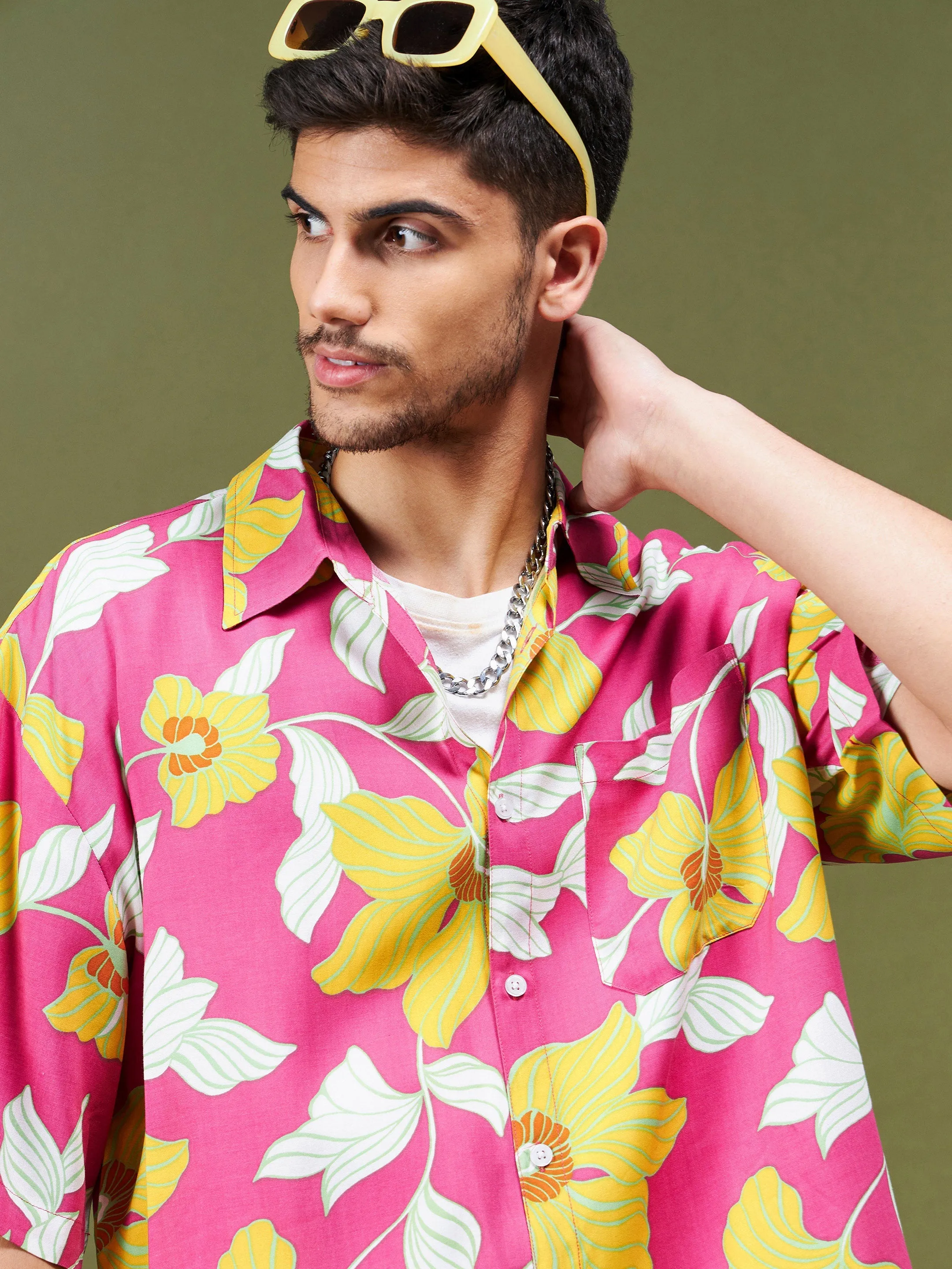 Men Fuchsia Tropical Oversized Shirt