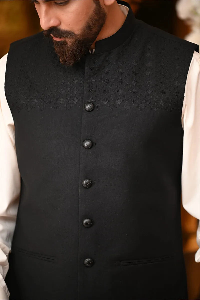 Men Premium Embroidered Waistcoat Black