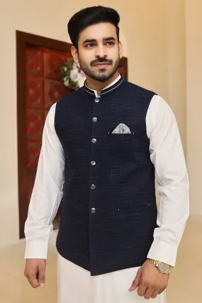 Men Self Design Waistcoat Navy